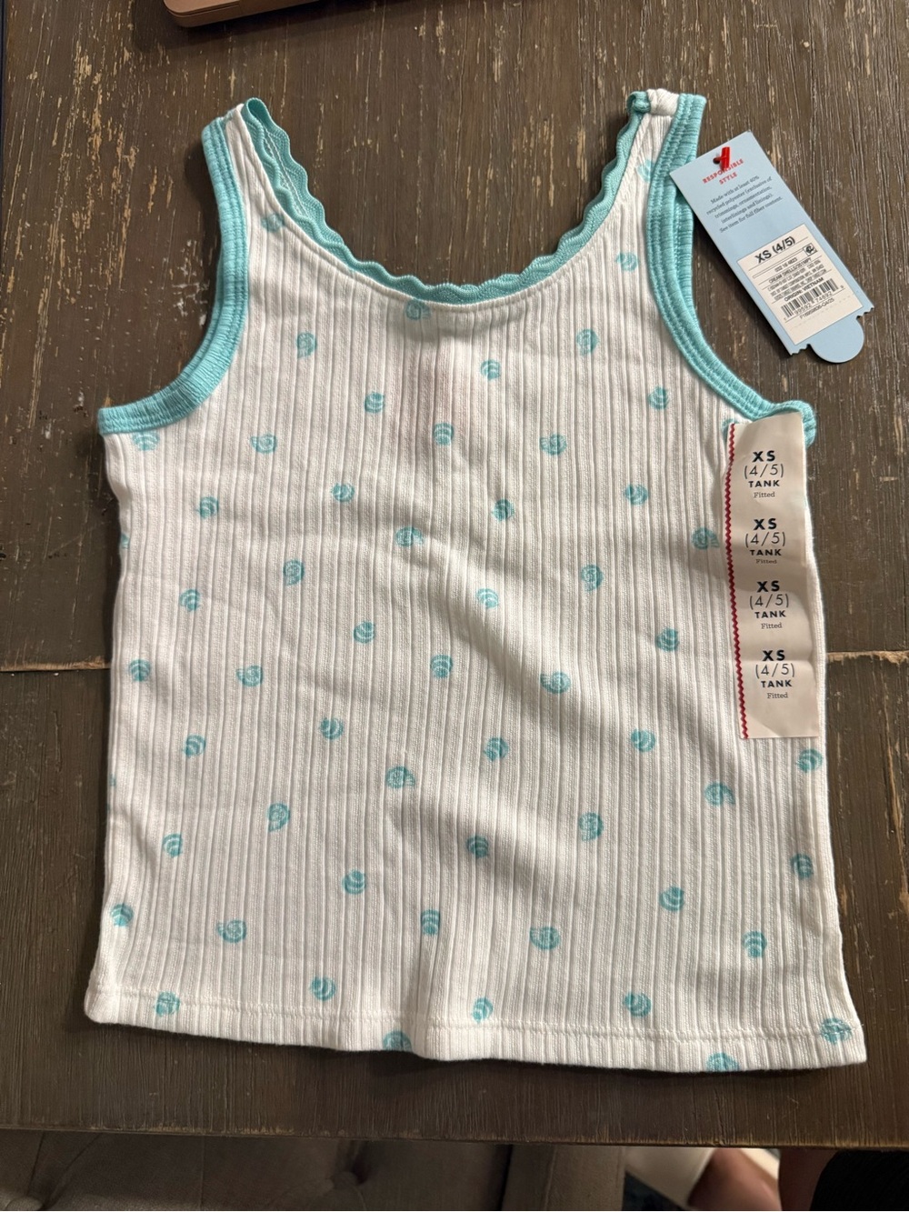 Cat & Jack White Ribbed Tank Top with Aqua Trim and Dot Print - XS (4/5)